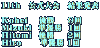 11th 公式大会 結果発表 Kohei 優勝 9回 Mizuki 準優勝 1回 Hitomi 優勝 2回 Hiro 準優勝 1回